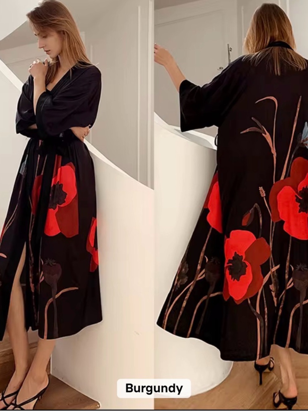 Black Floral Maxi Kimono Robe with Red Poppy Print